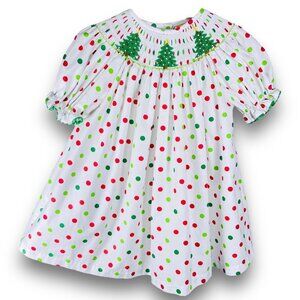 Girls Polka Dot Christmas Tree Embroidered Smocked Holiday Top 5